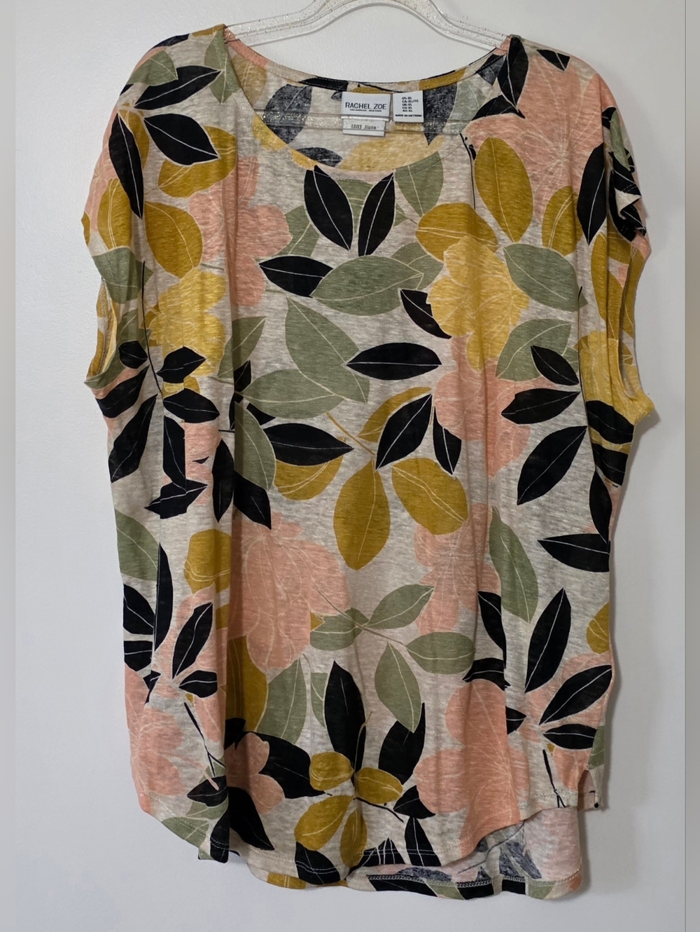 Rachel Zoe 100% Linen Top Botanical Tropical Leaves Breathable Cool Sz XL